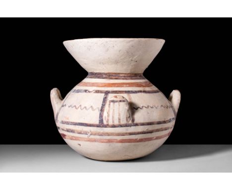 Ca. 550 - 450 BC.A wheel-thrown Daunian krater vessel with a broad, funnel-shaped rim surrounding a wide mouth. The cream-hue
