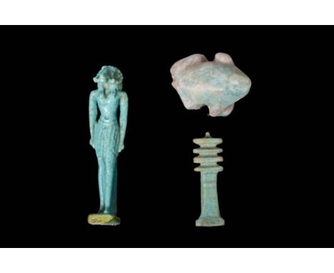 Ca. 1069 - 332 BC.A collection of three amulets crafted from pale green faience depicting deities; the first is Khnum, the se