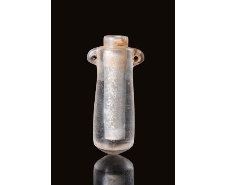 Ca. 100 BC - AD 100.A Roman crystal amphoriskos. This amphoriskos has a tubular shaped body upon a hemispheric foot, with two