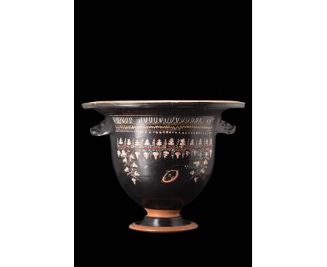 Ca. 4th century BC.A large bell-krater decorated with a colourful scene in red, yellow and white pigments against black gloss