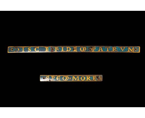 German, Rhineland or Valley of the Meuse, Ca. AD 1200.A pair of inscribed bands from a reliquary shrine. They are partially g