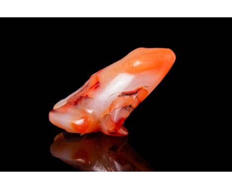 New Kingdom, Ca. 1550 - 1069 BC.A carnelian frog-shaped amulet that sits in a forward-leaning position. The body is slightly 