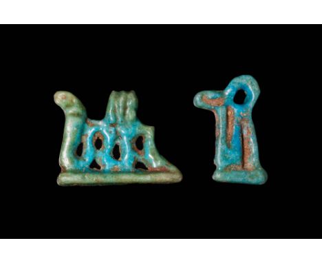 New Kingdom, Ca. 1550 - 1069 BC.A pair of blue faience amulets, each depicting a cobra or uraeus. The design features a raise