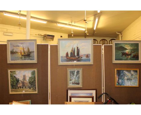 Four framed seascape and landscape oils and framed print.