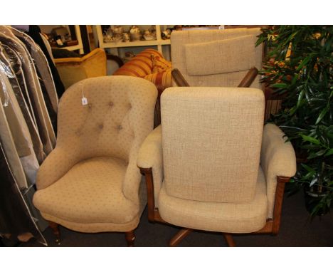 Ercol swivel armchair and footstool and button backed occasional chair.