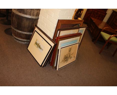R. Cresswell Boak, Ross Castle, Killarney, signed proof, pair Henry Wilkinson hunting prints, framed needlework and collectio
