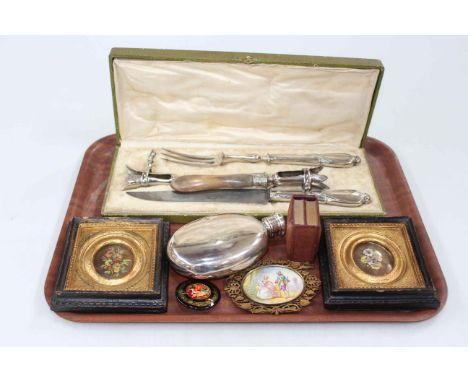 Tray lot with French carver set, silver topped flask, miniature pictures, etc.