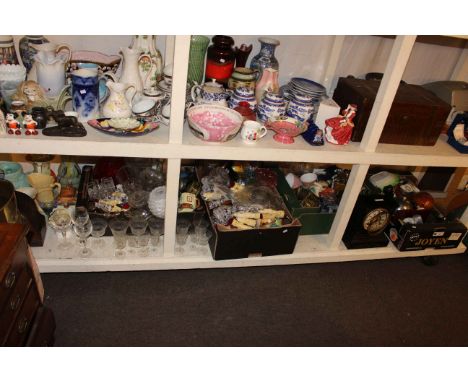 Collection of decorative pottery, glass, mantel clock, brass coal bucket, slate clock, cutlery, sewing machine etc.