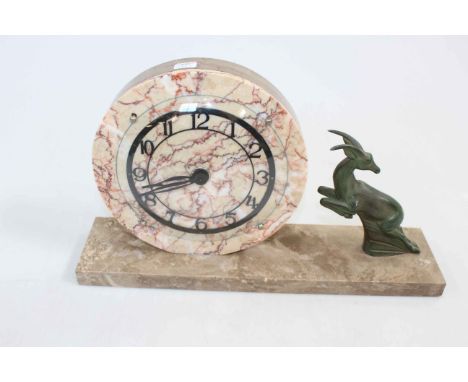 Art Deco marble and leaping deer mantel clock, 37cm across.