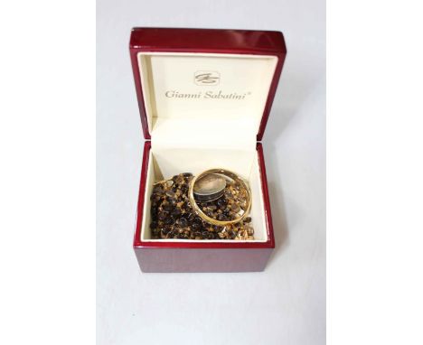 Three 9 carat gold rings, fine chains, silver pill box, gold plated bangle, necklace, etc.