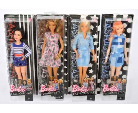 Mattel Barbie Fashionista dolls x four, 2016: (1) DYY90; (2) DVX71; (3) DYY91; (4) DYY97 (packaging resealed, but doll still 