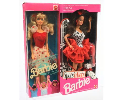 Mattel Barbie pair of dolls: (1) Spots 'n Dots Teresa and dalmatian dog, 10885, 1993; (2) Friendship Barbie, 3677, 1991; Near