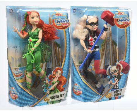 Mattel DC Super Hero Girls dolls pair: (1) Harley Quinn, DLT65, 2015; (2) Poison Ivy, DLT67, 2015; Near Mint to Mint, NRFB, w