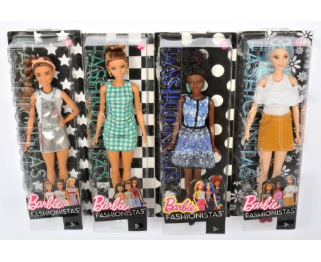 Mattel Barbie Fashionista dolls x four, 2016: (1) DYY99; (2) DMF27; (3) DVX72 (backing card is loose but doll has not been re