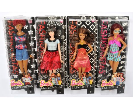 Mattel Barbie Fashionista dolls x four, 2015: (1) DGY60; (2) DMF26; (3) DPX69; (4) DGY61; Near Mint to Mint, NRFB, within Fai
