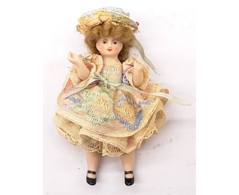 S Dumper artist designed miniature all bisque doll, signed to rear of head S DUMPER 85, painted features, mohair wig, jointed