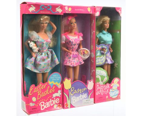 Mattel Barbie Easter Special Edition dolls x three: (1) Easter Basket Barbie, 14613, 1995; (2) Easter Barbie, 16315, 1996; (3