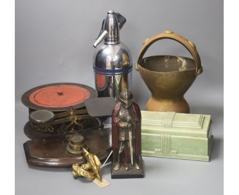 A set of letter scales and weights, a painted metal 'Medieval Knight' table lighter and sundry items