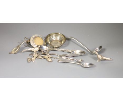 A Victorian silver fiddle pattern sauce ladle, two Victorian Scottish silver teaspoons, a pierced silver small bowl, small si