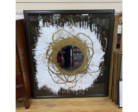 A large contemporary artwork on glass, with abstract pattern and centre mirror in frame, unsigned, width 119cm, height 134cm