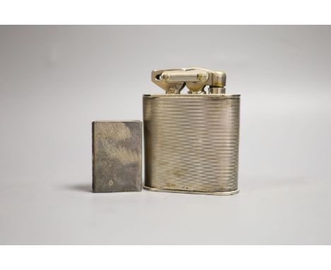 A K W plated table lighter, 10cm high and white metal match case holder