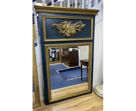 A 19th century French overmantel gilt and gesso mirror with musical themed emblem over on blue background, width 114cm, heigh