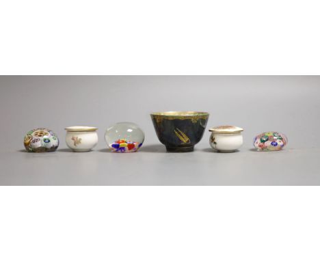 A Wedgwood lustre small cup, 4cm high, two Royal Worcester 'bird' pots &amp; covers and three glass millefiori paperweights.