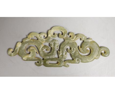 A Chinese celadon jade 'chilong' plaque, 14cm wide
