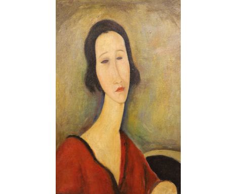 After Modigilani, oil on canvas, Portrait of a lady, inscribed verso, 43 x 29cm, unframed