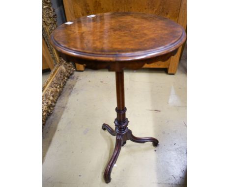 A Victorian circular burr walnut tripod wine table, diameter 46cm, height 72cm