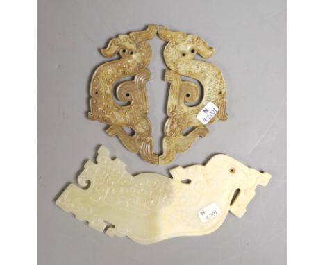 A pair of Chinese archaistic jade plaques and a similar calcified jade plaque