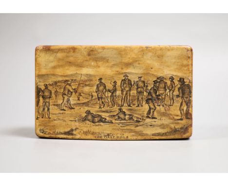 Early golfing interest - a rare Mauchline-ware penwork golfing snuff box, second quarter 19th century, by Charles Stiven of L