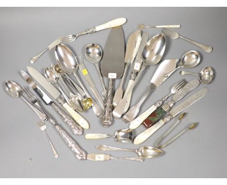 Four Victorian and later silver butter knives including Newcastle and a group of assorted silver flatware including two 19th 