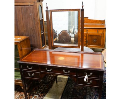 An Edwardian style inlaid mahogany dressing table with swing mirror, length 128cm, depth 54cm, height 158cm