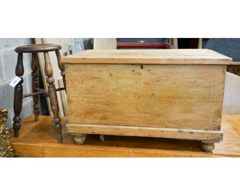 A Victorian rectangular pine trunk, length 83cm, depth 49cm, height 51cm, together with a provincial elm stool