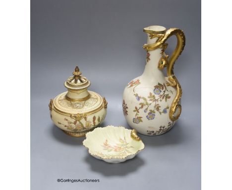 A Royal Worcester pot pourri vase and cover, a shell dish and a blush and gilt lizard handled vase, 29cm (faults)