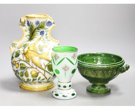 A Cantagalli maiolica vase (a.f.), a Bohemian vase and a green pottery bowl27cm