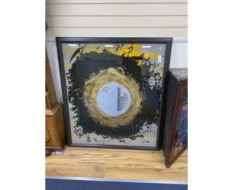 A large contemporary artwork on glass, with abstract pattern and centre mirror in frame, unsigned width 118cm, height 135cm