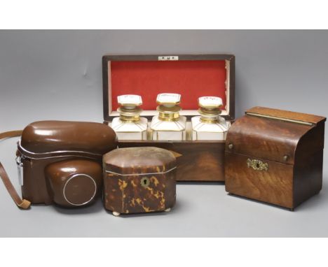 A French rosewood tea caddy, a tortoishell box, a camera and another box