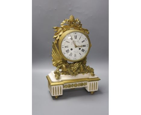A French ormolu and white marble mantel clock, the case late 18th century, the movement late 19th century41 cm high