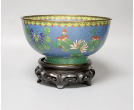 An early 20th century Chinese cloisonne enamel bowl, wood stand20cm