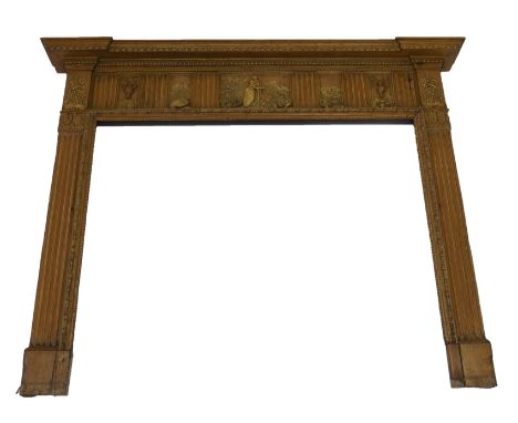 A late 18th/early 19th Century Scottish pine and gesso fire surround the overhanging shelf with drapery and egg and dart moul