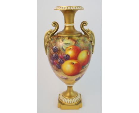 A Royal Worcester neo-classical fruit painted urn by H Ayrton painted with apples and clusters of blackberries, signed H Ayrt