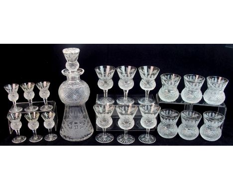 An Edinburgh crystal thistle pattern part suite a thistle decanter and stopper, 28.5cm high six thistle whisky glasses, 8cm h
