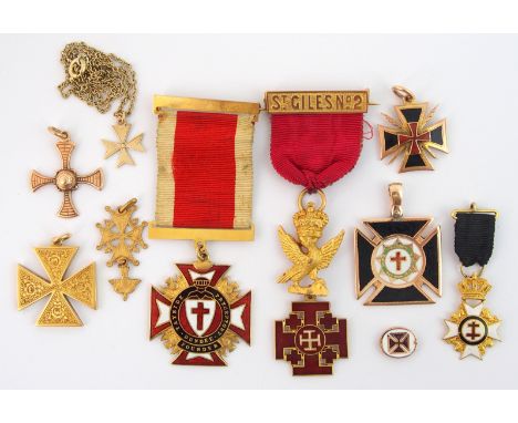 Nine Masonic Knights Templar gold fob medals a 9ct gold and enamel medal Dundee Tayside preceptory founders medal a black ena