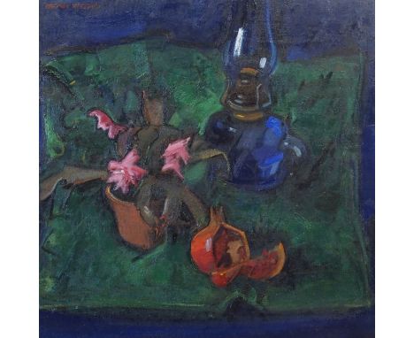 •NORMAN KIRKHAM RGI (Scottish b. 1936) THE BLUE LAMP Oil on canvas, signed, 51 x 51cm (20 x 20") Inscribed with title verso