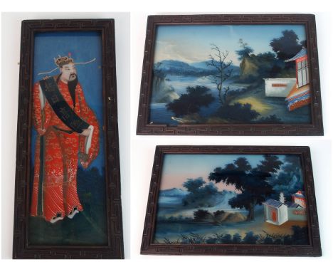 Two Chinese reverse painted glass pictures with buildings beside rivers in original key pattern frames, 19 x 26.5cm overall a
