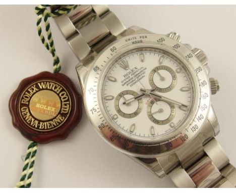 A Rolex Oyster perpetual Cosmograph Daytona in stainless steel, with white enamelled dial silver and luminous baton numerals,