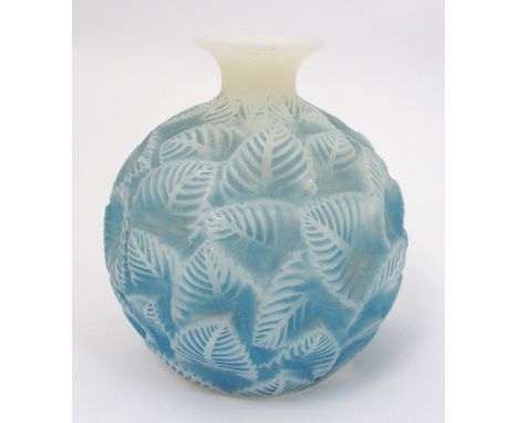 A Rene Lalique 'Ormeaux' blue stained vase opalescent with original strong blue staining, design of overlapping leaves, engra