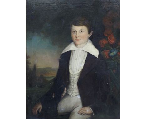 BRITISH SCHOOL (19th Century) PORTRAIT OF JOHN ALLEN LLOYD PHILIPPS OF MABWS WITH HIS DOG Oil on canvas laid on panel, 93 x 7